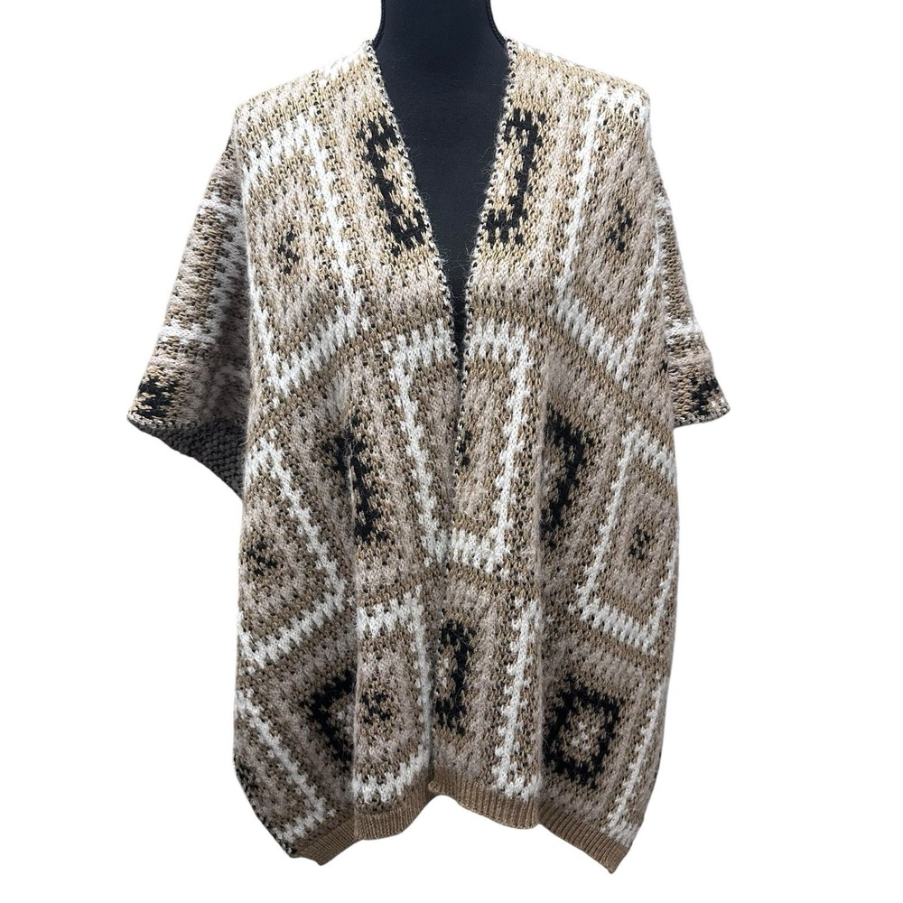 COCOGIO sz One Size Alpaca Blend Crochet Granny SquareBoho Knit‎ Poncho Neutrals